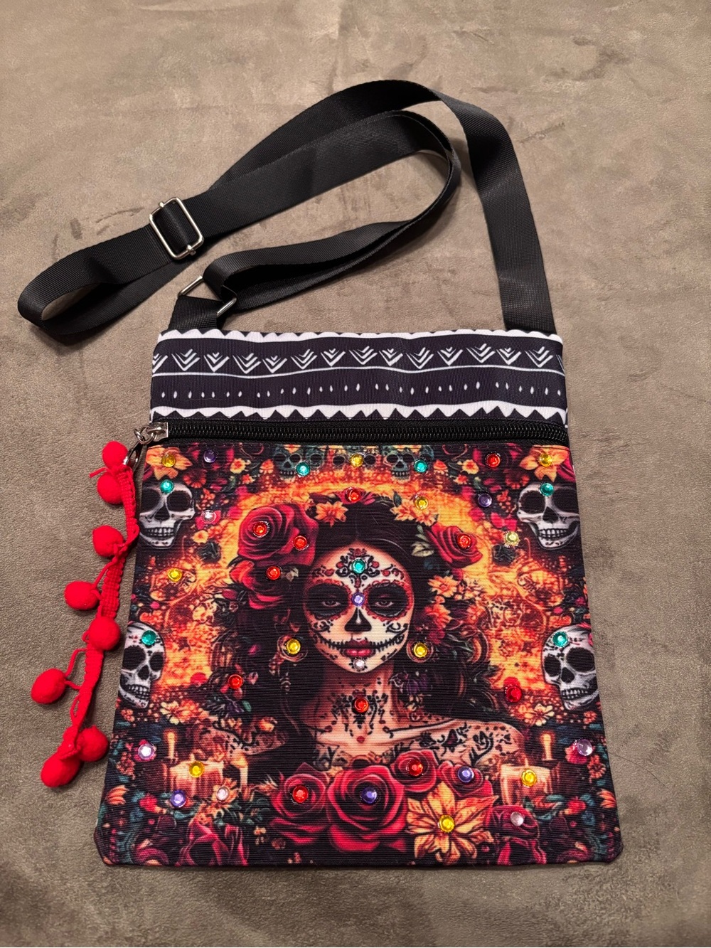Day of the Dead La Catrina Crossbody Bag/ Purse Hand Embellished w/ Rhinestones